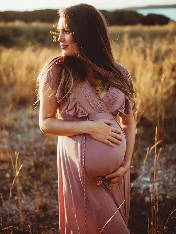 Beaumama robe shooting grossesse longue élégant photo mousseline volants rose femme enceinte