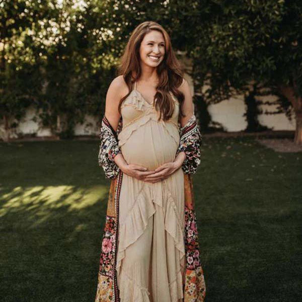 Beaumama robe longue grossesse bohème enceinte shooting irrégulier volants croisé dos fluide licou femme enceinte