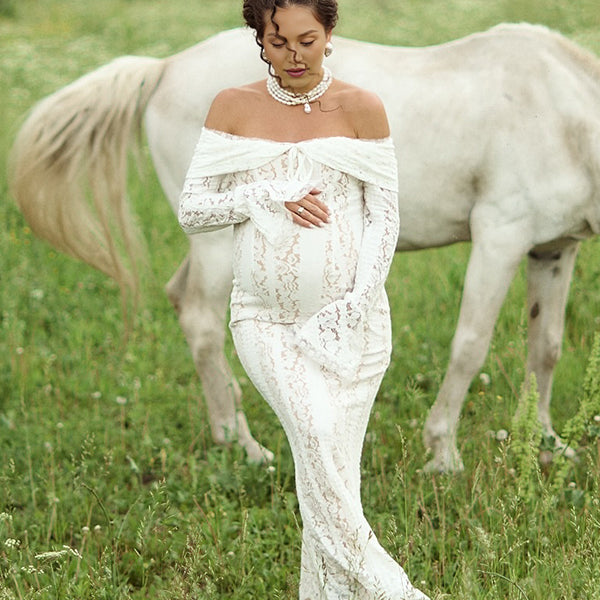 Beaumama robe shooting longue grossesse photo dentelle moulante col bateau manches longues élégant femme enceinte