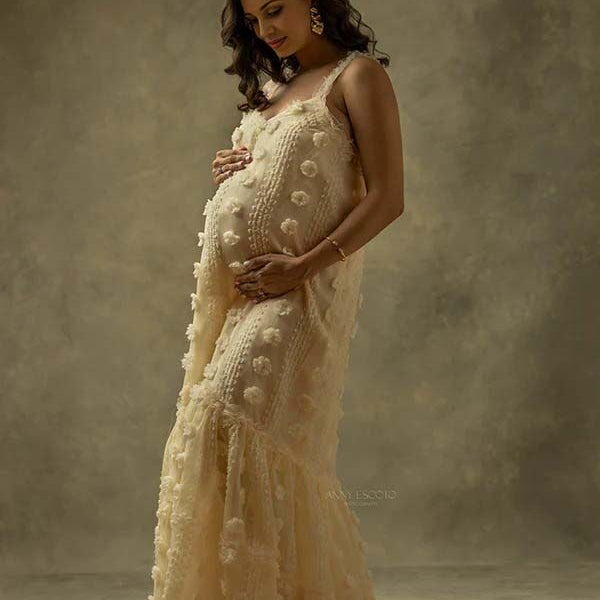 Beaumama robes longue grossesse applique fleur ruchés froncées licou élégant femme enceinte