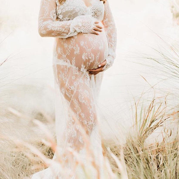 Beaumama photo baby shower robe longue grossesse dentelle v-cou manches longues femme enceinte