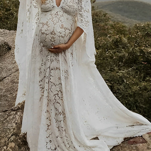 Beaumama robes photo longue grossesse élégant bohème dentelle fluide irrégulier queue femme enceinte