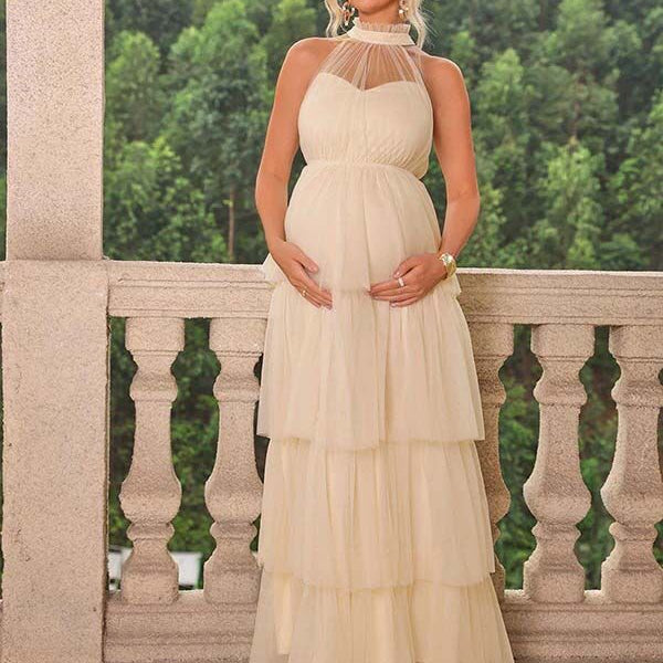 Robe longue grossesse bouffante tutu froufrou abricot