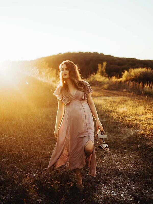 Beaumama robe shooting grossesse longue élégant photo mousseline volants rose femme enceinte