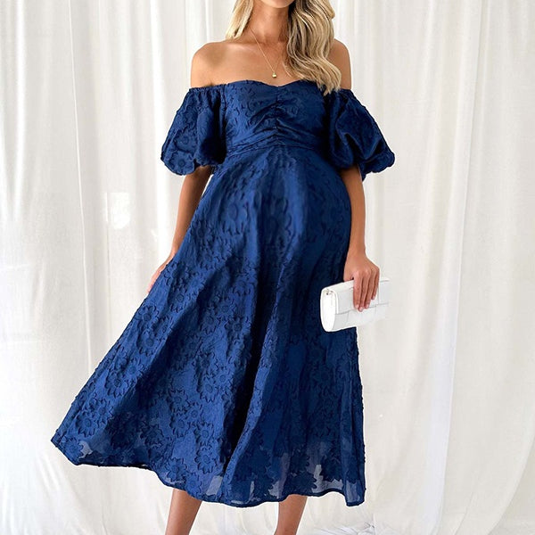 Robe longue grossesse imprimé fleurie épaule dénudée bleu marine