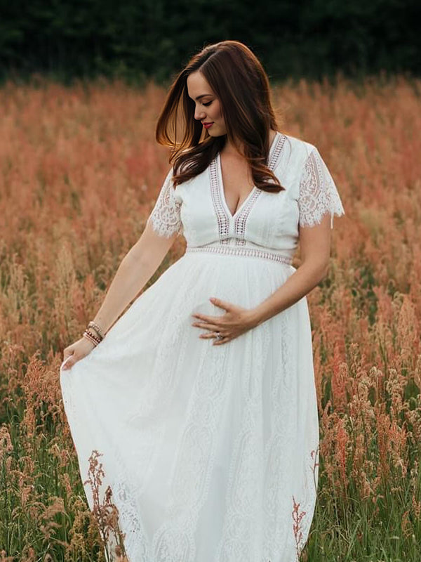 Beaumama robes longue grossesse enceinte shooting mariage dentelle fluide bord ondulé mariée femme enceinte