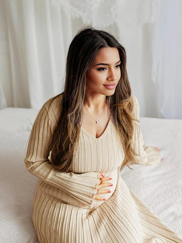 Beaumama robe shooting longue grossesse vacances crochet tricot rayé trapèze femme enceinte