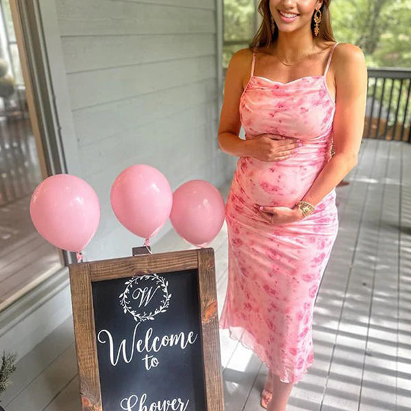 Beaumama robes mi-longue grossesse babyshower imprimé fleurie tulle dos nu plissé moulante femme enceinte