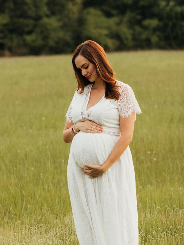 Beaumama robes longue grossesse enceinte shooting mariage dentelle fluide bord ondulé mariée femme enceinte