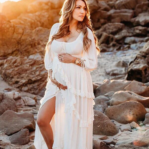 Beaumama robe longue grossesse bohème enceinte shooting irrégulier fendu le côté volants femme enceinte