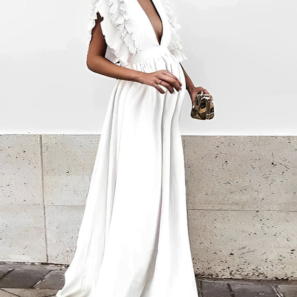 Beaumama robe longue de grossesse dos nu fluide volantée V-cou soirée femme enceinte