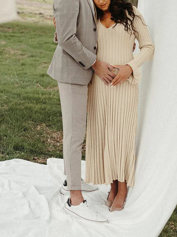 Beaumama robe shooting longue grossesse vacances crochet tricot rayé trapèze femme enceinte