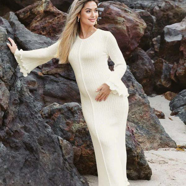 Beaumama robe shooting longue grossesse vacances crochet tricot volants dos nu fluide femme enceinte