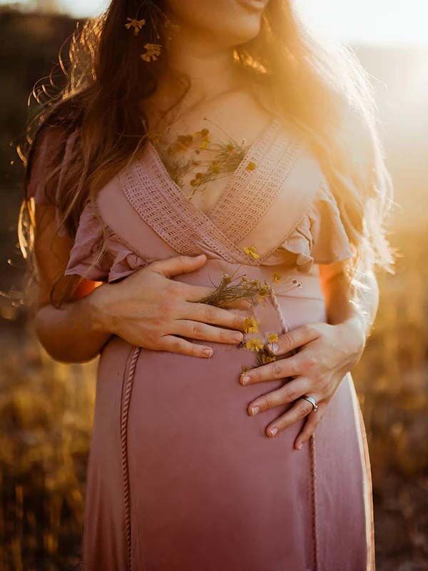 Beaumama robe shooting grossesse longue élégant photo mousseline volants rose femme enceinte