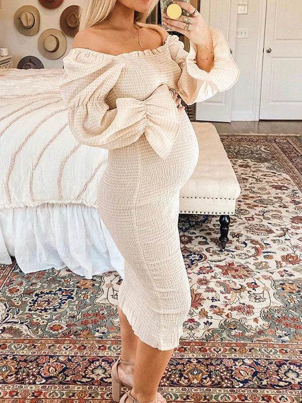 Beaumama robe crayon baby shower moulante courte grossesse col bateau manches longues femme enceinte