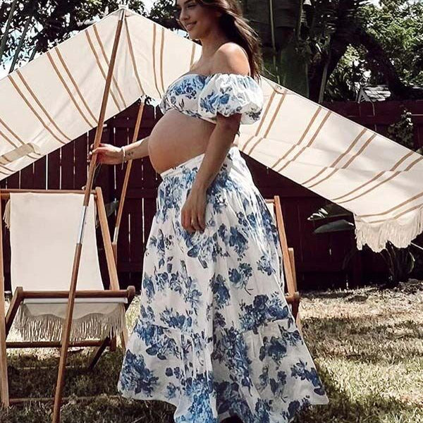 Beaumama robes photo longue grossesse élégant chic imprimé fleurie épaule dénudée fluide trapèze 2 pièces femme enceinte