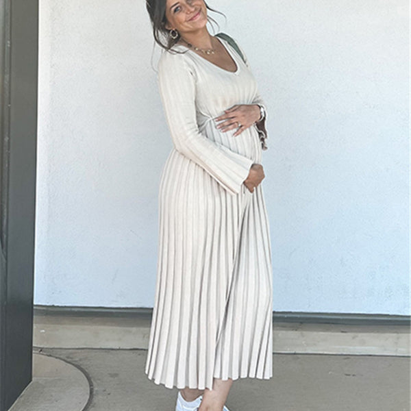 Beaumama robes longue grossesse élégant casual rayé plissé ceinture trapèze femme enceinte