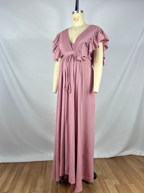 Beaumama robe shooting grossesse longue élégant photo mousseline volants rose femme enceinte