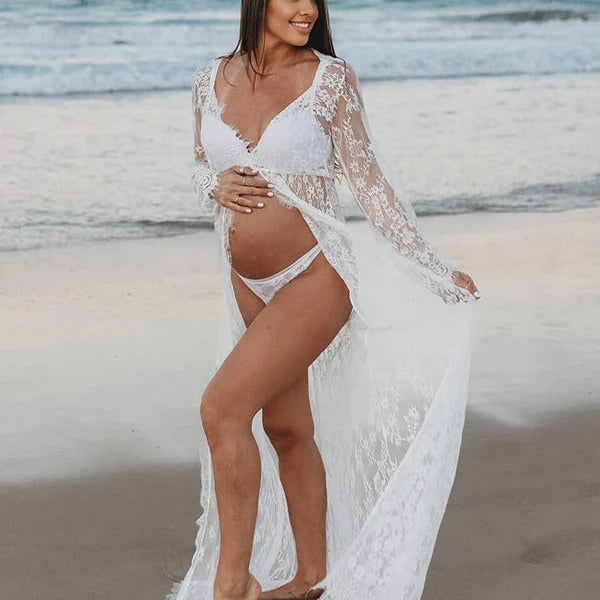 Beaumama robe longue de grossesse dentelle pour photo fente avant baby shower femme enceinte