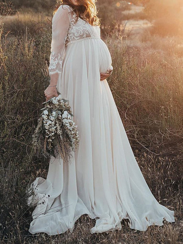 Beaumama robe longue grossesse mariage fluide dentelle queue manches longues volants photo shooting femme enceinte