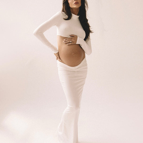 Beaumama robes photo longue grossesse élégant costume deux pièces plissé moulante baby shower femme enceinte