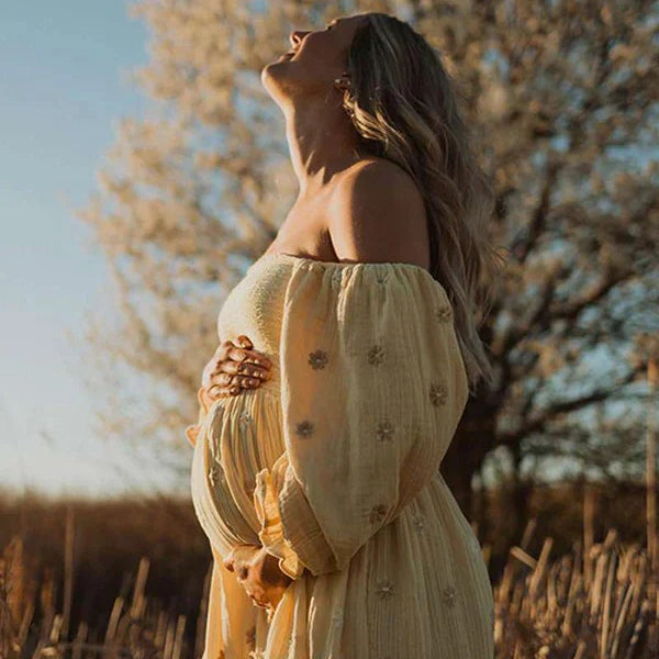 Beaumama robes longue grossesse bohème imprimé fleurie volants fluide enceinte shooting femme enceinte