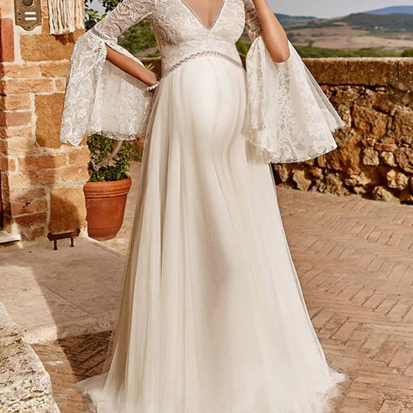 Beaumama robes longue grossesse mariage dentelle bouffante tutu queue manches fendues mariée femme enceinte