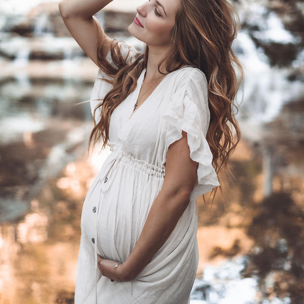 Robe longue bohème grossesse baby shower volants blanche