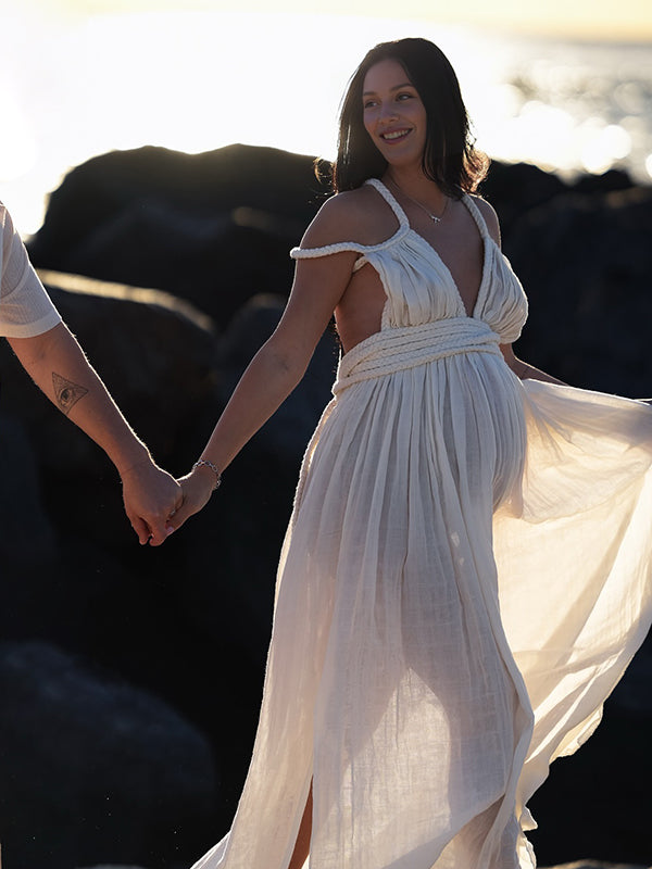 Beaumama robes photo longue grossesse bohème fendu le côté tricot torsadé ceinture dos nu fluide femme enceinte