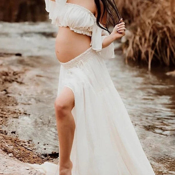 Beaumama robes longue grossesse enceinte shooting costume deux pièces mousseline fendu le côté volants fluide femme enceinte