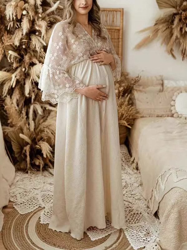 Beaumama robes longue grossesse enceinte shooting dentelle volants boutonnage fente avant fluide bohème femme enceinte