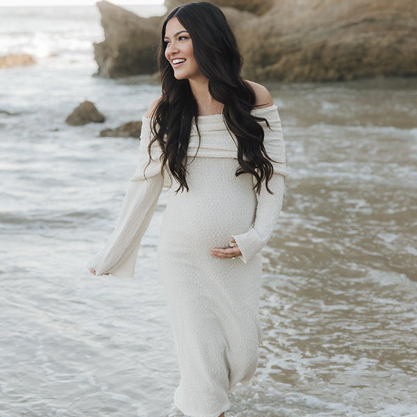 Beaumama robe shooting longue grossesse chic vacances crochet tricot épaule dénudée femme enceinte