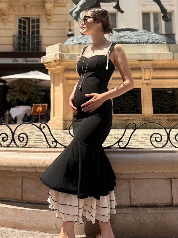 Beaumama robe longue grossesse élégant cocktail cérémonie volants moulante sirene couleur bloc femme enceinte