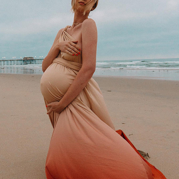 Beaumama robes longue grossesse enceinte shooting couleur dégradé ceinture nœud dos nu fluide femme enceinte