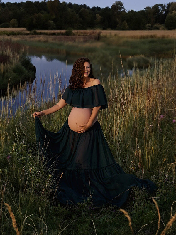 Beaumama robe longue grossesse élégant enceinte shooting costume deux pièces volants fendu le côté queue mousseline femme enceinte