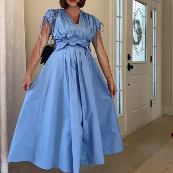 Beaumama robe longue grossesse élégant vacances applique fleur coulisse taille dos nu trapèze fluide enceinte shooting femme enceinte