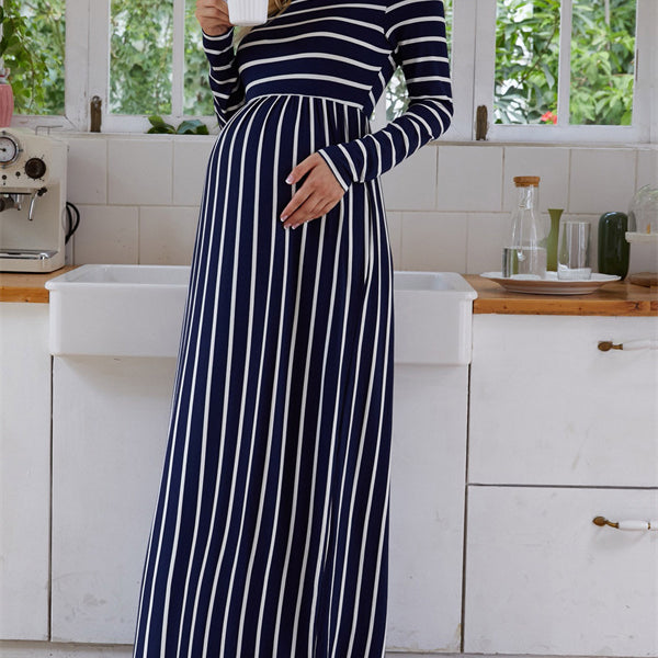 Beaumama robes longue grossesse rayé col rond robes manches longues femme enceinte