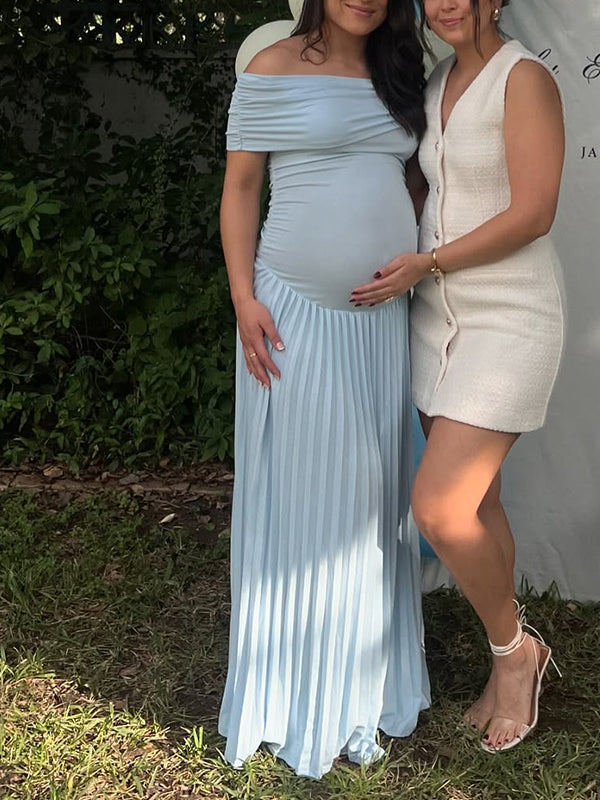 Beaumama robe babyshower garçon longue grossesse élégant cérémonie plissé moulante fluide col bateau femme enceinte