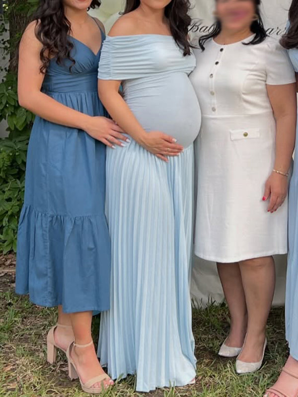 Beaumama robe babyshower garçon longue grossesse élégant cérémonie plissé moulante fluide col bateau femme enceinte