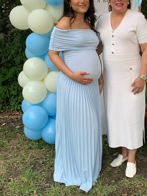 Beaumama robe babyshower garçon longue grossesse élégant cérémonie plissé moulante fluide col bateau femme enceinte