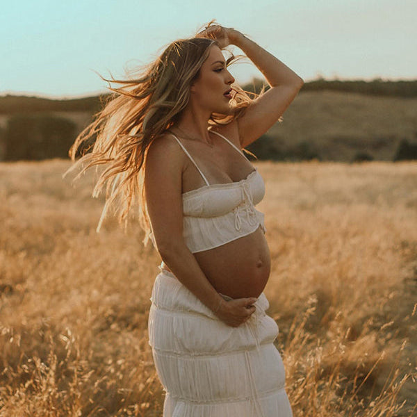 Beaumama robe longue grossesse élégant enceinte shooting costume deux pièces plissé volants coulisse taille femme enceinte
