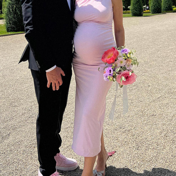 Beaumama robe longue grossesse élégant cérémonie plissé moulante rose base cocktail fête femme enceinte