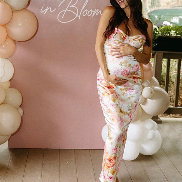 Beaumama robes longue grossesse imprimé fleurie strap élégantes femme enceinte