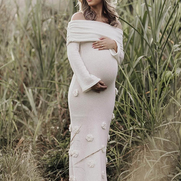 Beaumama robes longue grossesse applique fleur tricot col bateau manches trompette élégant femme enceinte