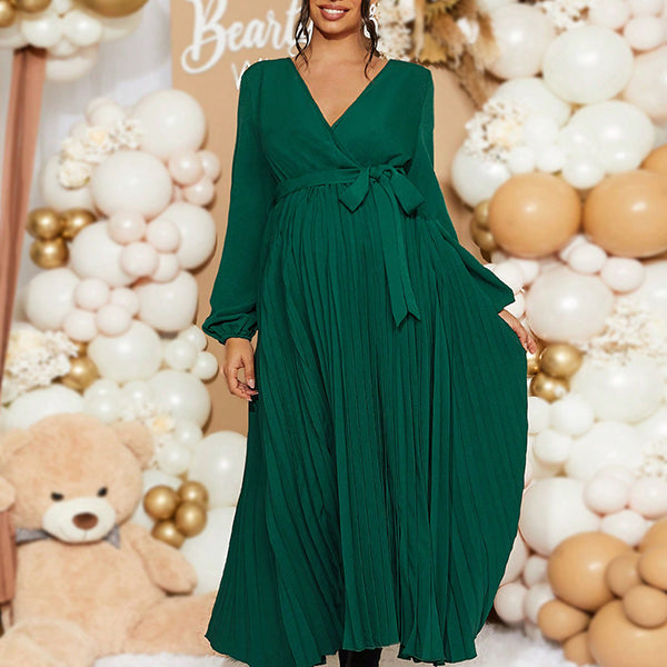 Beaumama robes longue grossesse élégant casual ceinture plissé fluide manchon de lanterne cérémonie femme enceinte