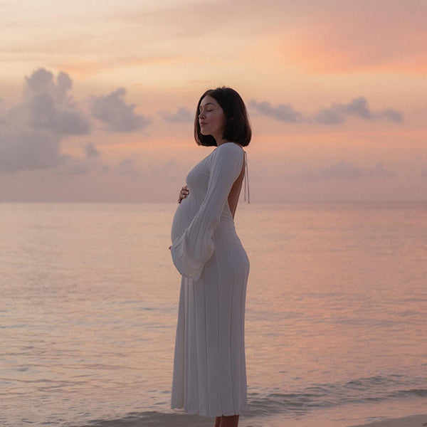 Beaumama robes longue grossesse élégant casual rayé dos nu fluide manches trompette enceinte shooting femme enceinte