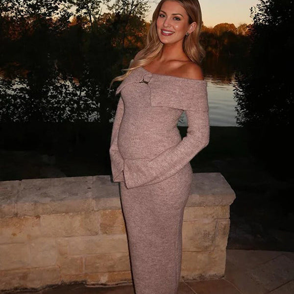Beaumama robe longue pull grossesse crochet tricot moulante boucle décorative en métal col bateau femme enceinte