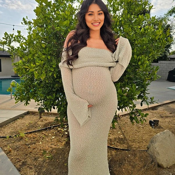 Beaumama robes longue grossesse tricot col bateau manches trompette élégant femme enceinte