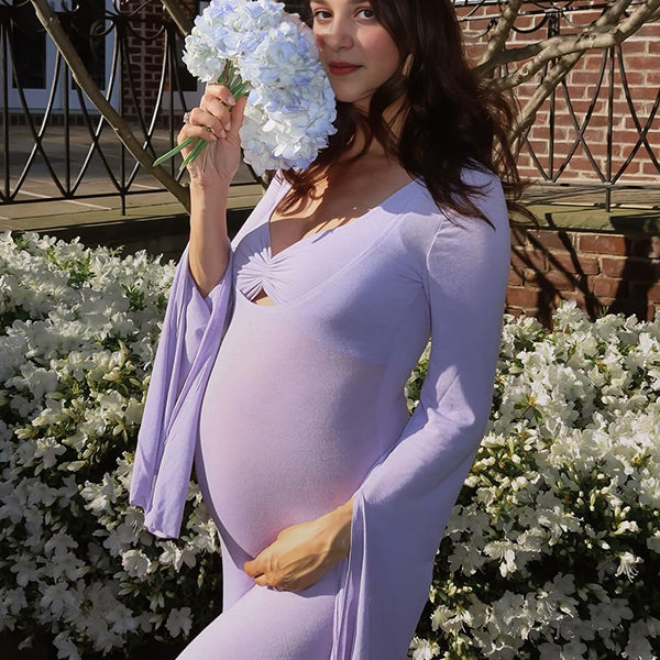 Beaumama robes longue grossesse strap moulante manches trompette élégant femme enceinte