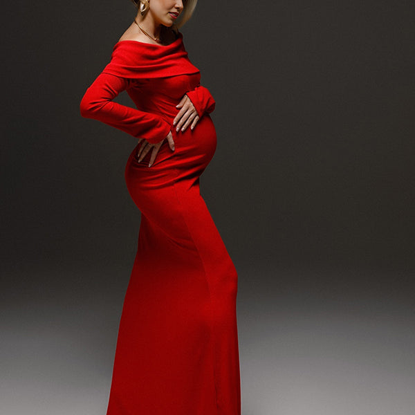 Beaumama robe shooting longue grossesse photo tricot col bateau élégant soirée femme enceinte